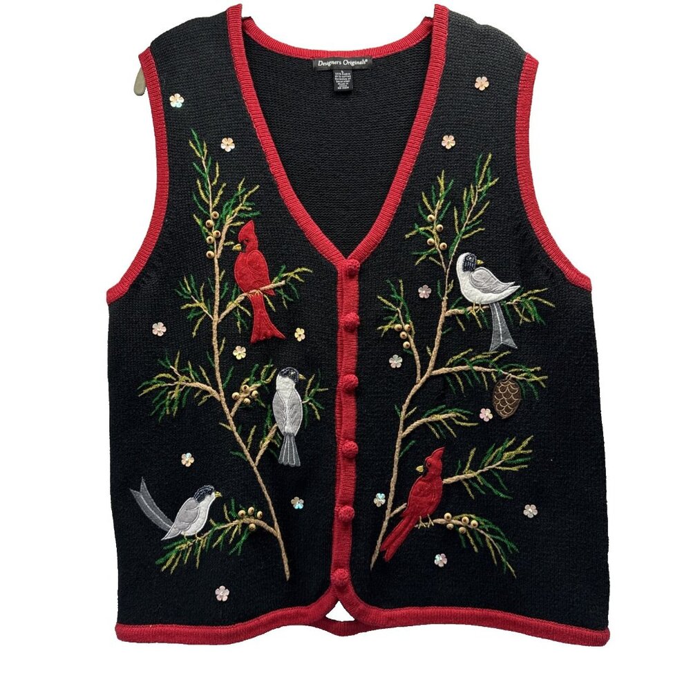 Designers Original VTG Knit Vest Size‎ Large Button Up Cardinals Red Black Thick
